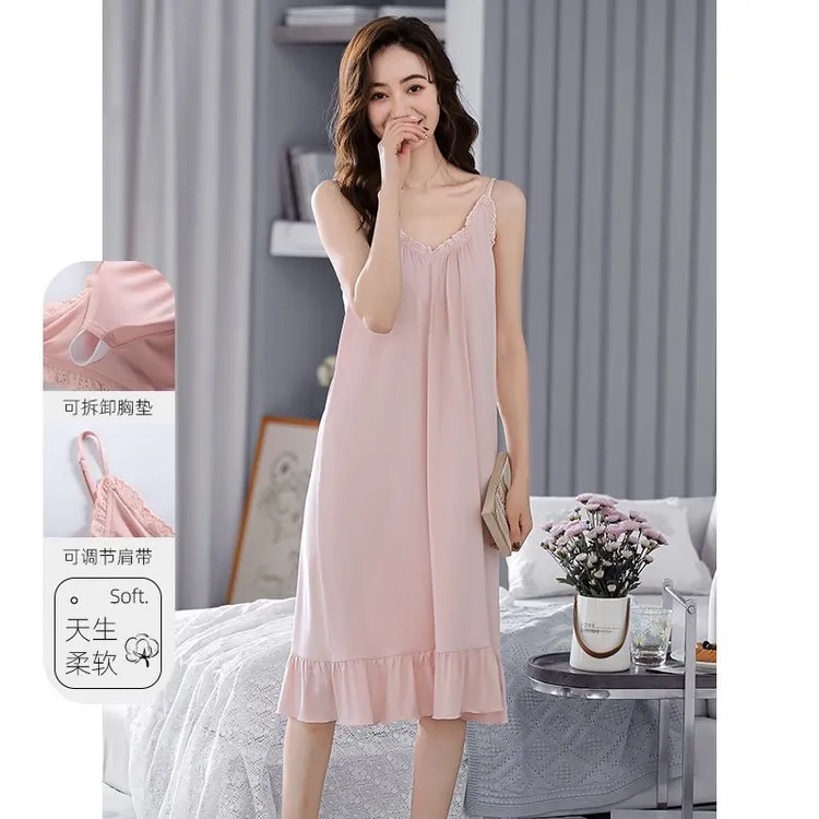 2023年新款吊带睡裙女夏季莫代尔冰丝家居服孕妇睡衣女夏天带胸垫