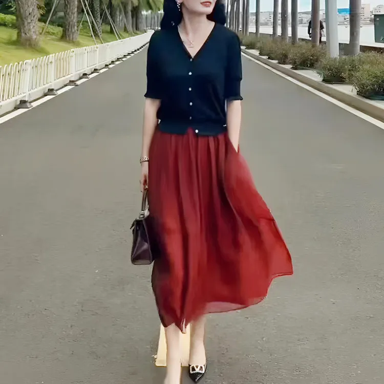 夏冰丝薄款小香风木耳花边针织开衫女短袖上衣显瘦气质半身裙时尚