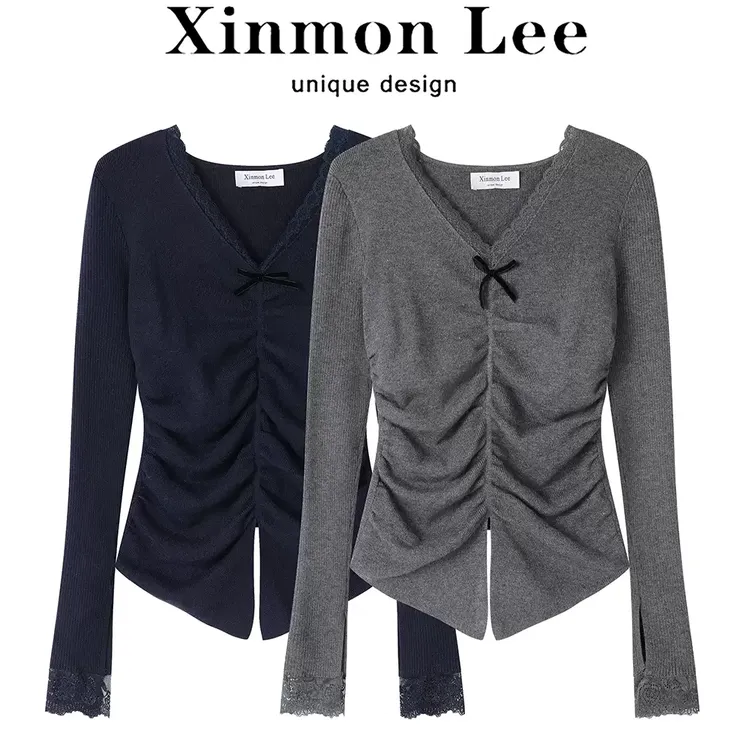 XinmonLee不规则开叉纯欲V领蕾丝拼接针织衫秋冬褶皱修身显瘦打底