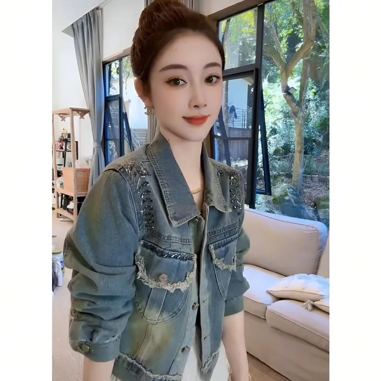 韩版宽松显瘦百搭短款复古毛边牛仔外套2024新款牛仔外套春秋