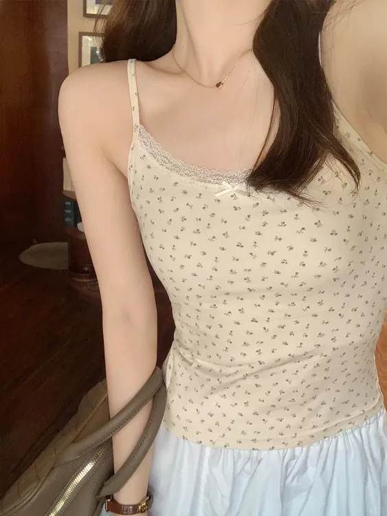 【带胸垫】新款碎花蕾丝花边性感纯欲风百搭蕾丝小吊带上衣打底