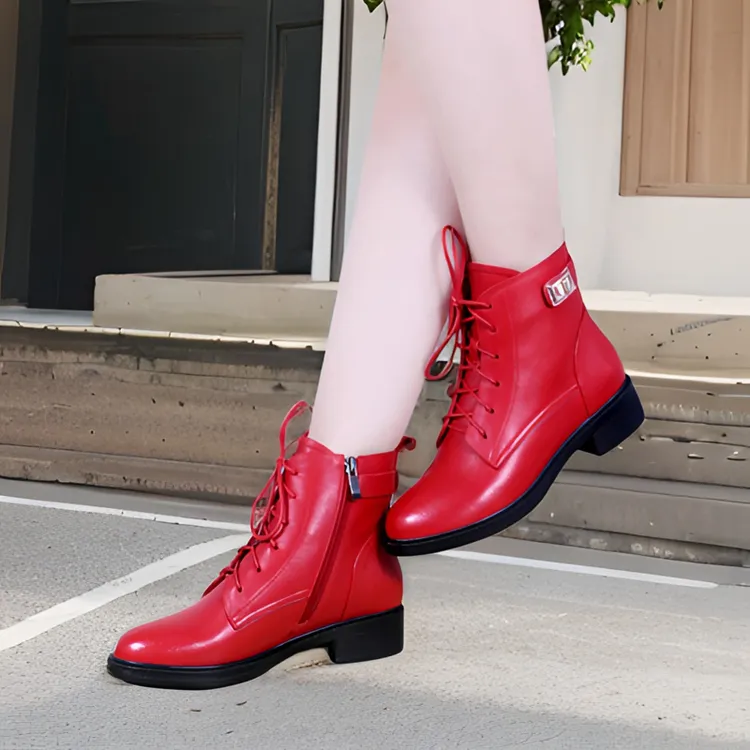 马丁靴短靴2025年新款冬季红色真皮加绒纯皮平底短筒牛皮女皮鞋