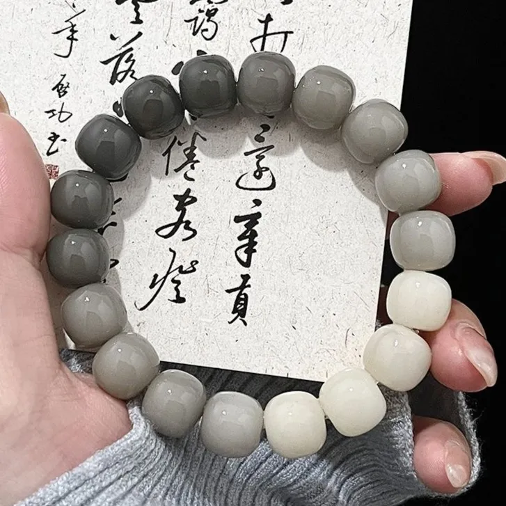 天然菩提根手串绕指柔学生版烟灰渐变绿盘玩文玩手串男女生款手链