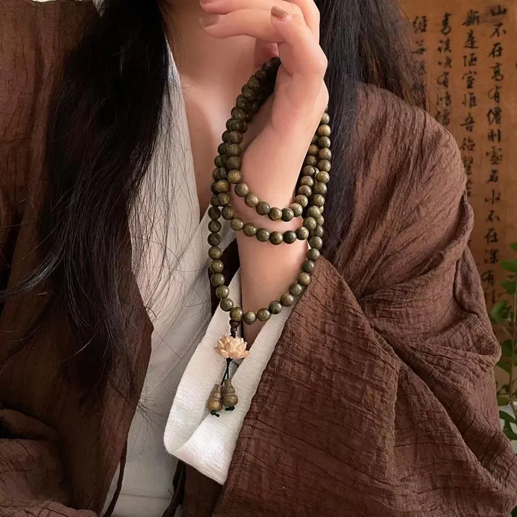 绿檀木手串108颗莲花檀木手串5年料男女士念珠脖挂手工艺精抛手链