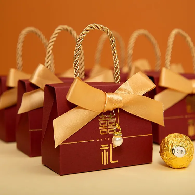 新款手提式结婚喜糖盒子婚礼糖果盒喜糖袋子伴手礼回礼折叠可放烟