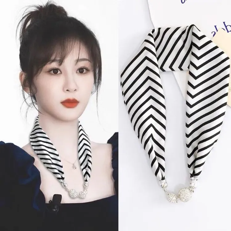 网红磁扣丝巾女春夏薄款夏天遮脖子磁吸扣锁骨小长条护颈带窄项链