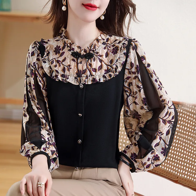 雪纺拼接假两件长袖衬衫女秋洋气时尚显瘦上衣气质减龄百搭小衫31