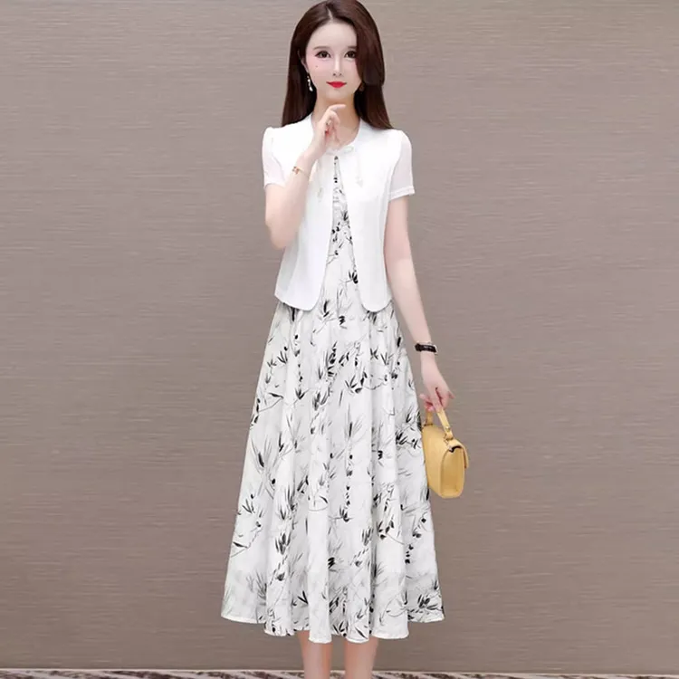 高档女士连衣裙2025新款夏季新中式宽松大码遮肚显瘦印花两件套装