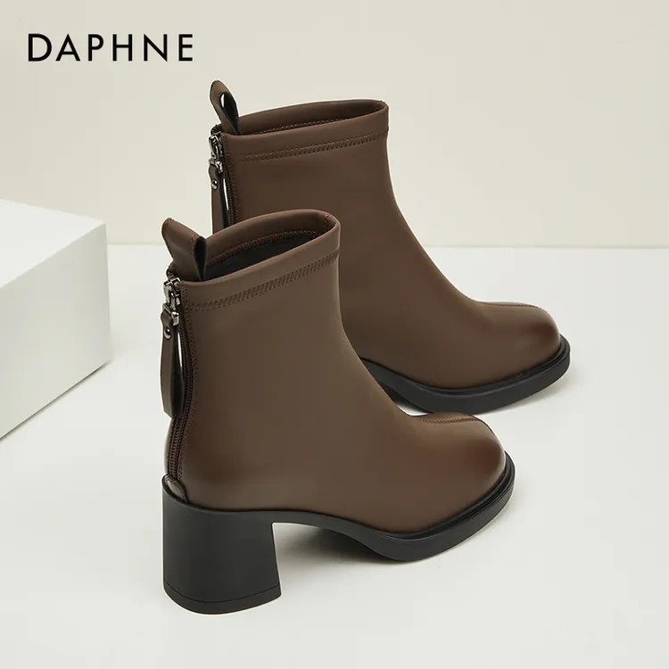 达芙妮粗跟短靴女款英伦风靴子2025冬季爆款加绒瘦瘦靴高跟马丁靴
