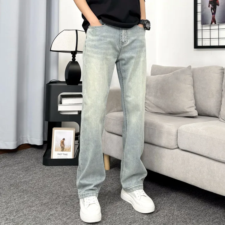 2025夏季新款宽松直筒美式高街弹力浅色美式牛仔裤男士休闲百搭