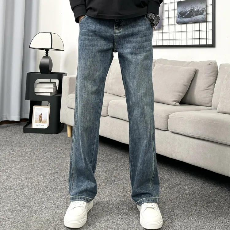 蓝色简约百搭复古美式休闲高街潮牌潮流通勤男装直筒牛仔裤