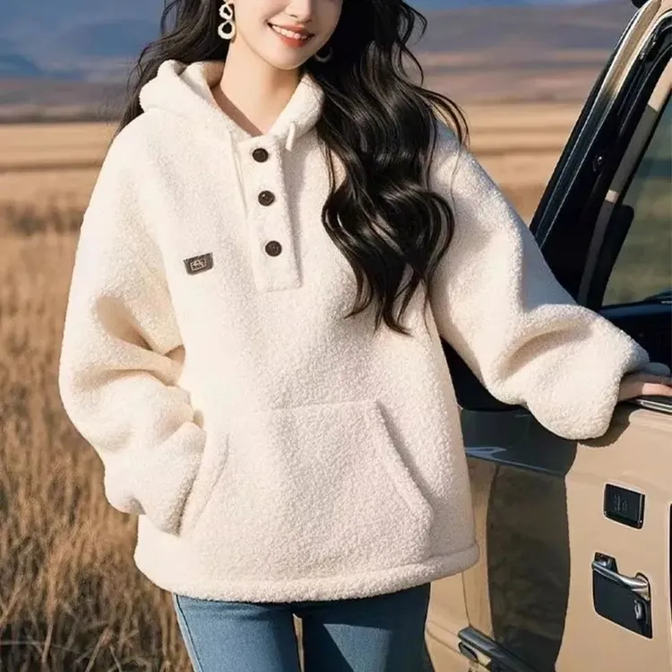 高级感白色连帽卫衣女冬季2024新款小香风宽松韩版外套上衣