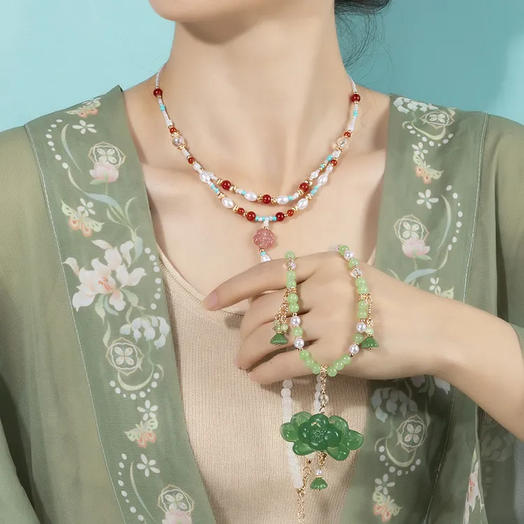 锌合金树脂项链 古风汉服软璎珞珍珠流苏项链新中式旗袍配饰品女