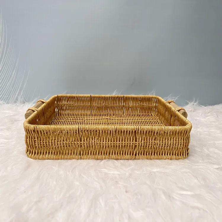 QC仿藤编水果盘双耳客厅手工编织篮家用早餐面包篮长方形
