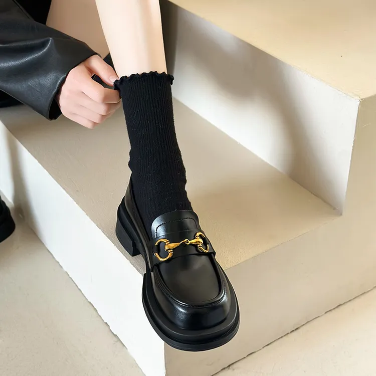 圆头乐福鞋女2025年春秋新款黑色小皮鞋女英伦风百搭复古平底单鞋