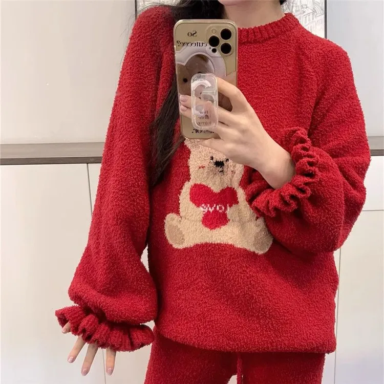 【新年小熊】软糯糯半边绒睡衣女冬季加绒加厚少女本命年红色家居服