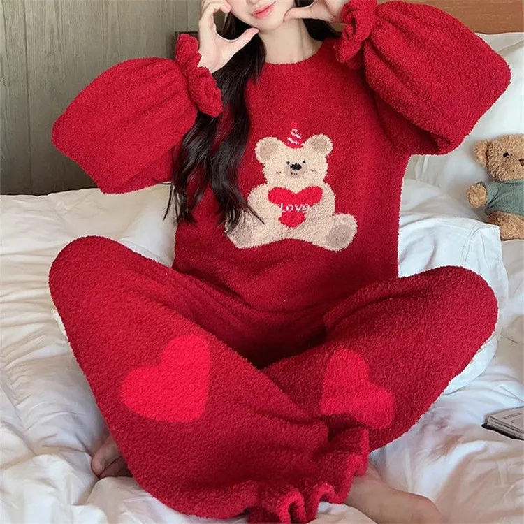 【新年小熊】软糯糯半边绒可爱睡衣女秋冬季加厚加绒本命年大红套装