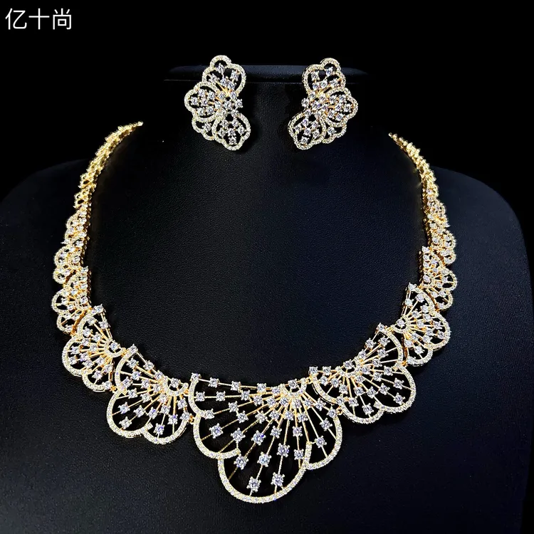 合金合成锆石吊坠  亿十尚祥云花满天星高档礼服项链耳环套时尚美
