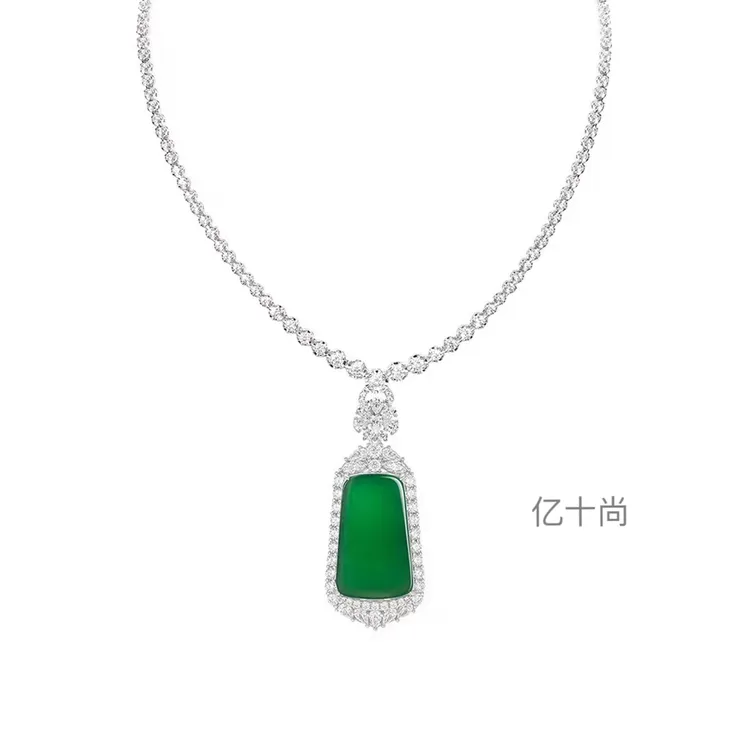 坠链均925银合成锆石 亿十尚帝王绿无事牌百搭链绳毛衣链经典大气