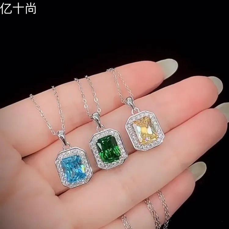 坠链均925银合成锆石 亿十尚长方富绿黄海蓝高档吊坠项链简约大气
