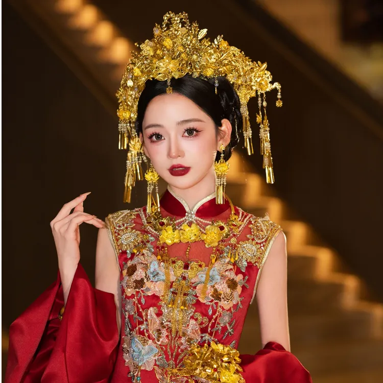 Z8143中式婚礼龙凤褂手工金色大气凤冠秀禾汉服古装复古新娘头饰