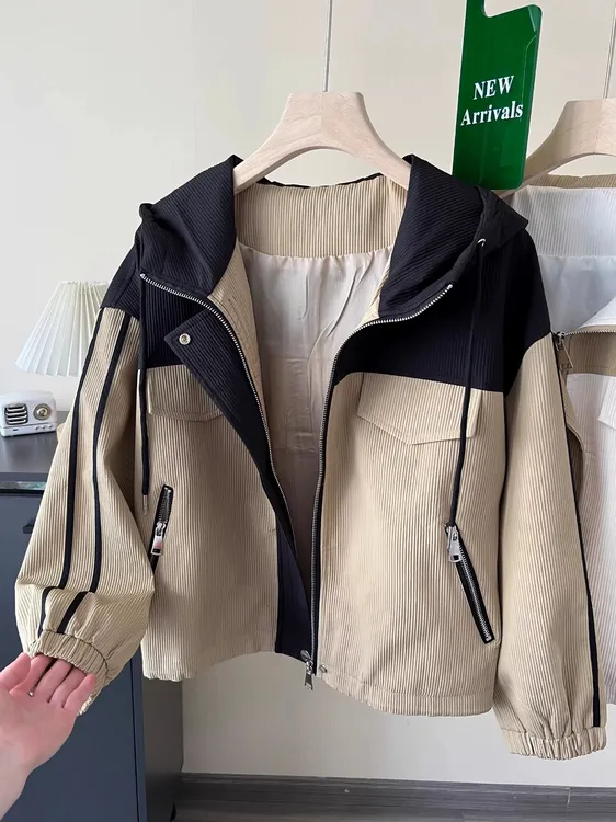 拼接撞色短款连帽外套女春秋装大码宽松休闲百搭流行工装夹克上衣