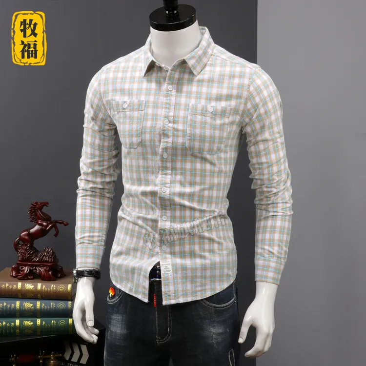 春秋新款衬衫男长袖宽松大码纯棉格子衬衣休闲日系工装上衣外套潮
