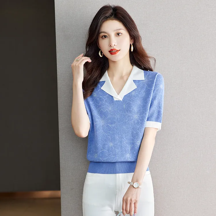 娃娃领天丝短袖t恤女夏装2025新款时尚减龄洋气蓝色薄款针织上衣