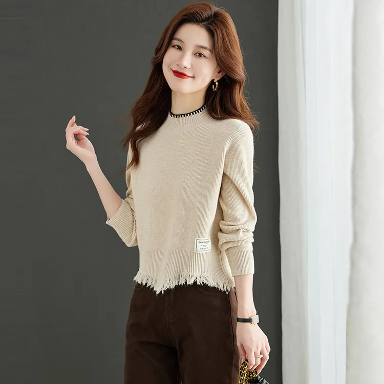小个子短款高腰毛衣女秋冬2025新款半高领不规则流苏上衣打底衫