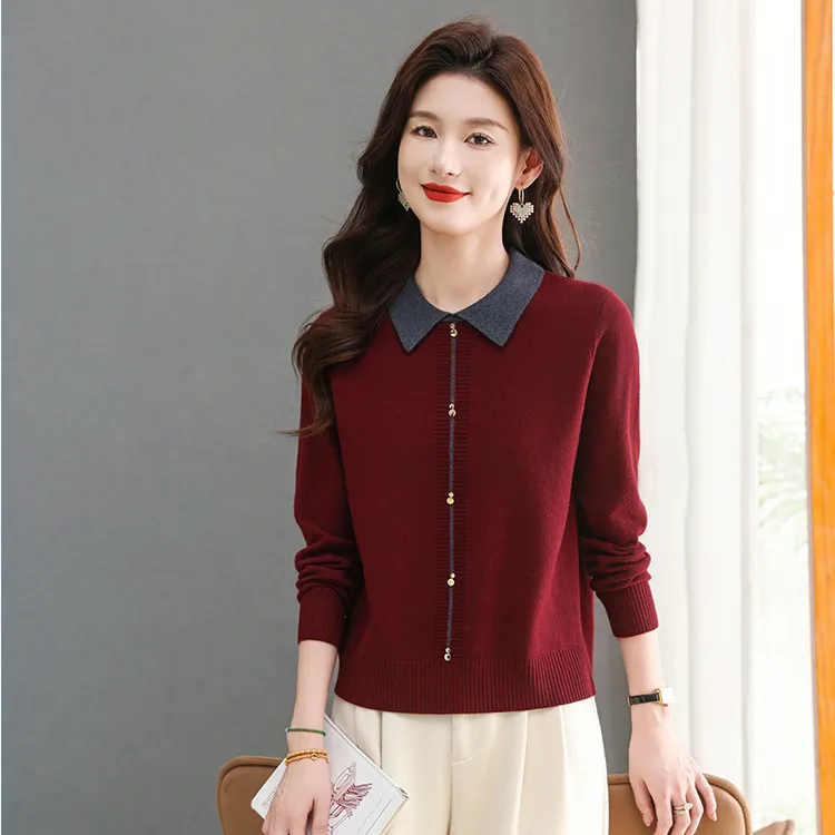 酒红色娃娃领毛衣打底衫女秋冬2025新款女装爆款内搭时尚针织衫
