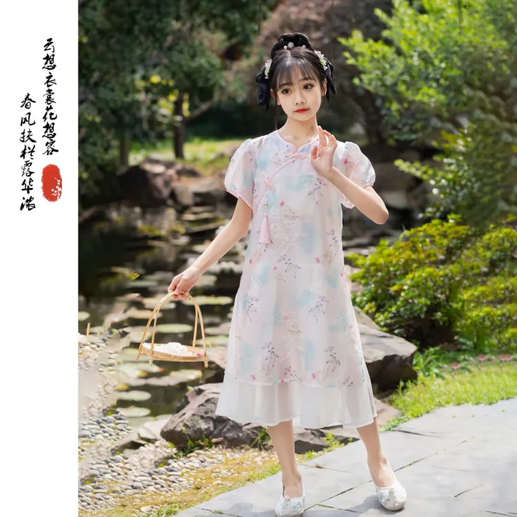 女童中长款汉服夏季中国风6-12岁儿童绣花气质日常洋气复古连衣裙