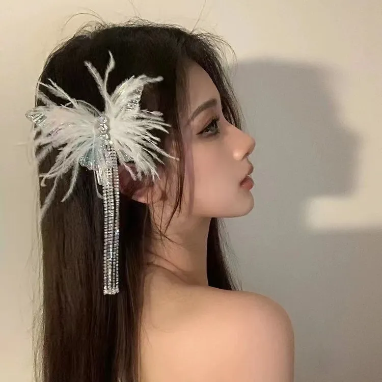 合金亚克力发饰 超仙羽毛水钻流苏发夹女蝴蝶高级感发饰羽毛刘海