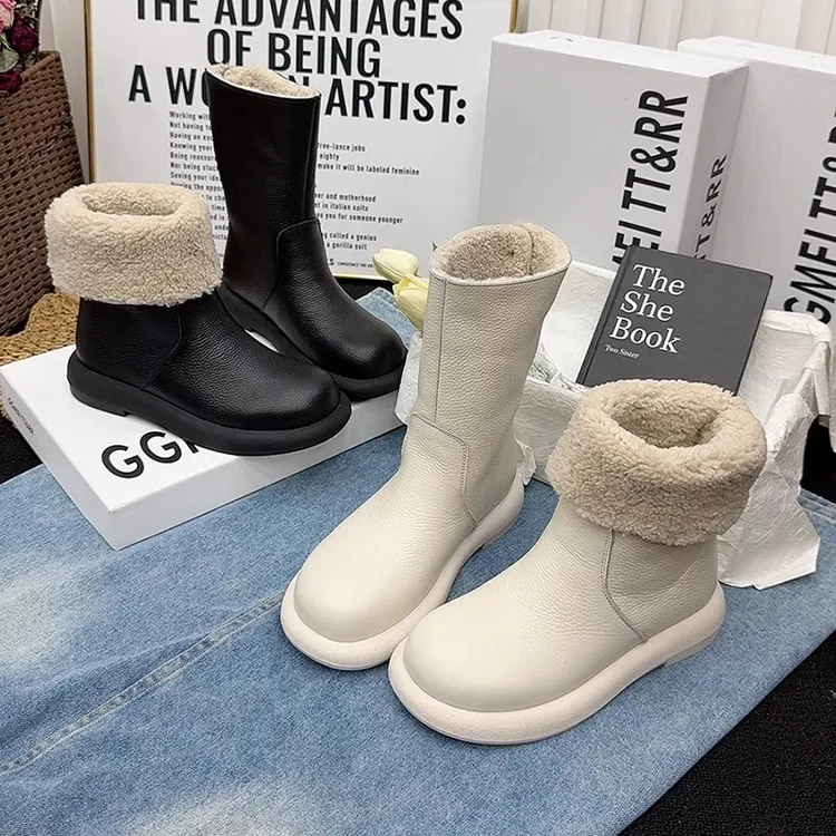 欧货2025冬季新款皮面奶茶色马丁靴女平底网红两穿雪地靴加绒短靴