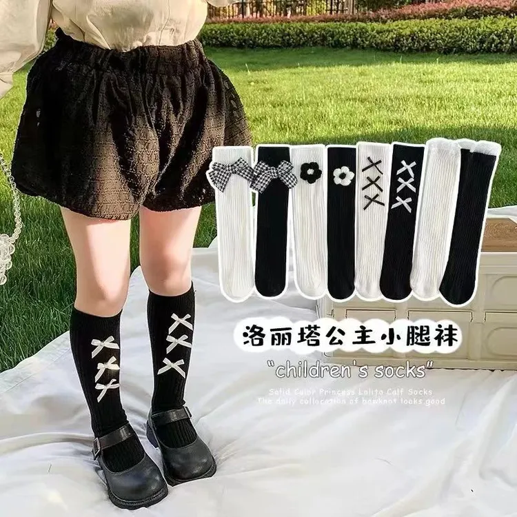女童袜子春秋季韩版百搭洋气女宝宝中长筒公主袜黑白洛丽塔小腿袜