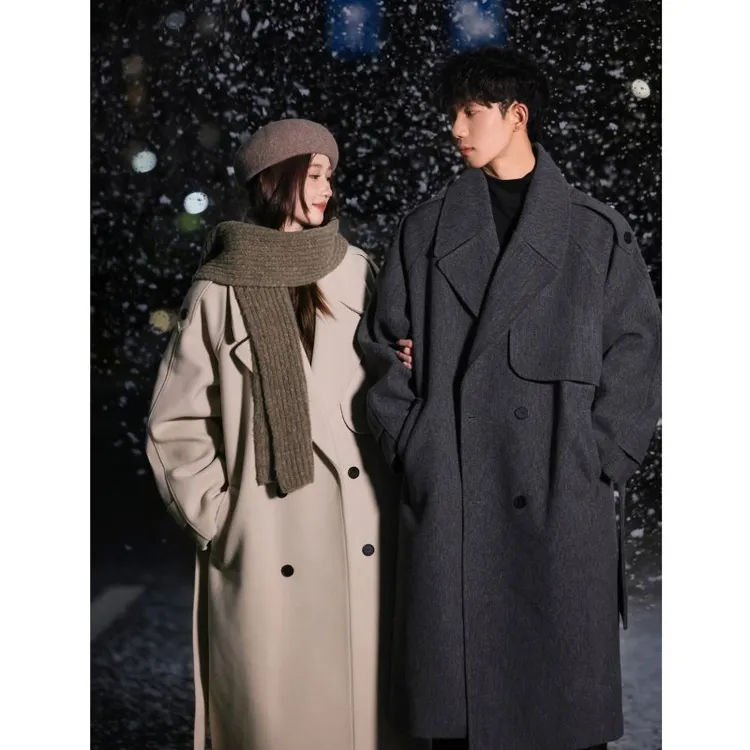 高级感春秋大衣男韩系慵懒风中长款过膝毛呢外套氛围感情侣装风衣
