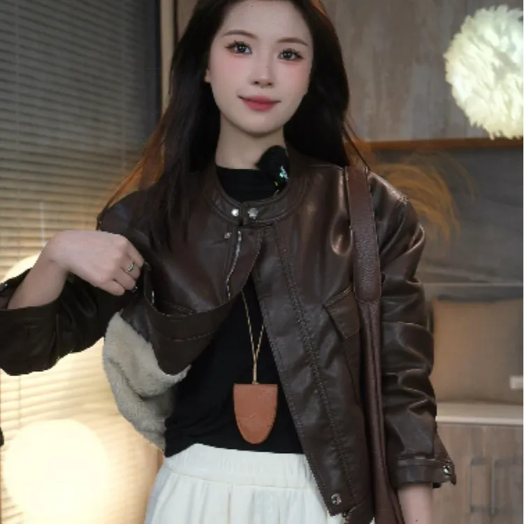 海宁秋冬加绒皮衣外套女时尚气质工装机车服加厚短款百搭pu皮夹克