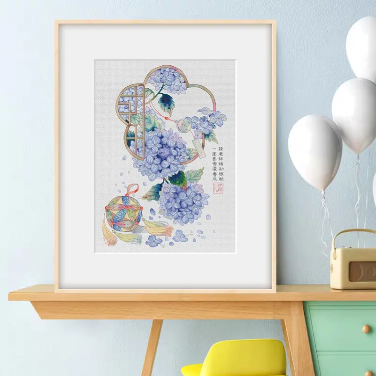 初现原创设计水彩绣球花十字绣新款客厅植物花卉自己线绣国风手工