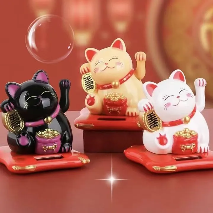 可爱招财猫摆件新款自动摇手太阳能车载摆件室内家居办公店铺开业