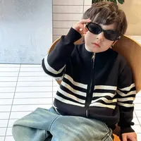男童洋气毛衣秋装2025秋款宝宝儿童外套男孩条纹拉链针织开衫潮
