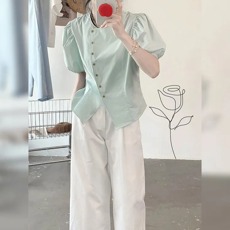 2025夏季新款薄荷清新绿小方领泡泡短袖衬衫斜排扣百搭休闲裤套装