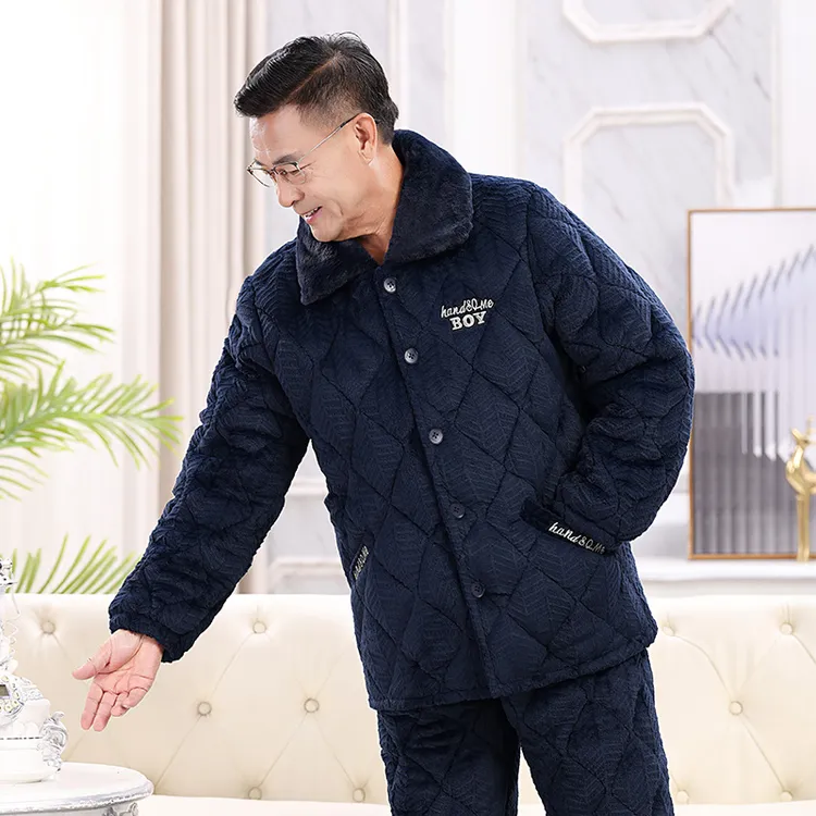 男士三层加厚加绒中老年人珊瑚绒夹棉睡衣冬季爸爸保暖家居服套装
