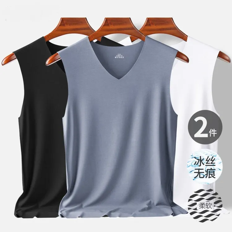 夏季男士冰丝无痕背心 V 领薄款透气高弹修身型宽 肩打底汗衫马甲