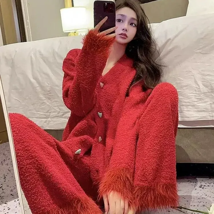 秋冬季保暖半边绒结婚本命年甜美红色高级软绵绵睡衣女睡衣女秋冬