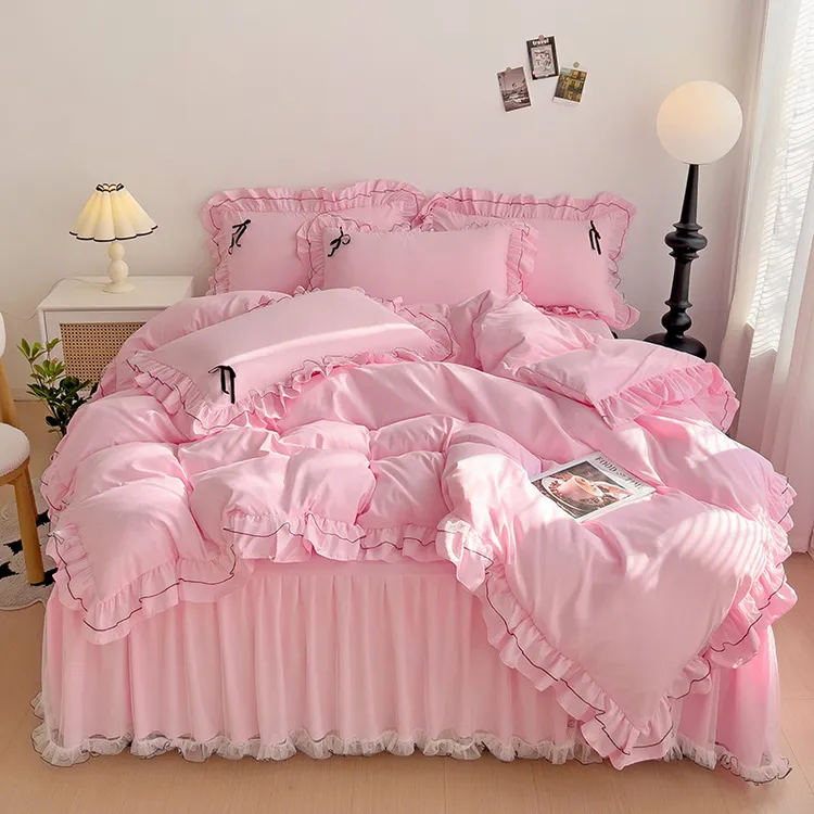 （韩版公主风纯色床裙四件套被套蕾丝花边宿舍四季可机洗床上用