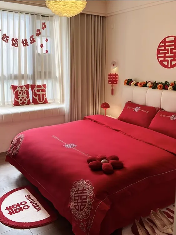 乐优公主100支长绒棉结婚四件套婚庆大红色床单喜被婚嫁床上用品