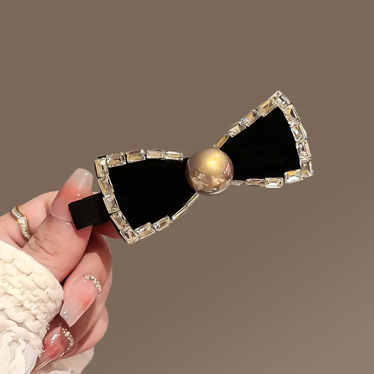 黑色蝴蝶结珍珠发夹女高级感侧边夹前额碎发夹刘海夹小众鸭嘴夹子