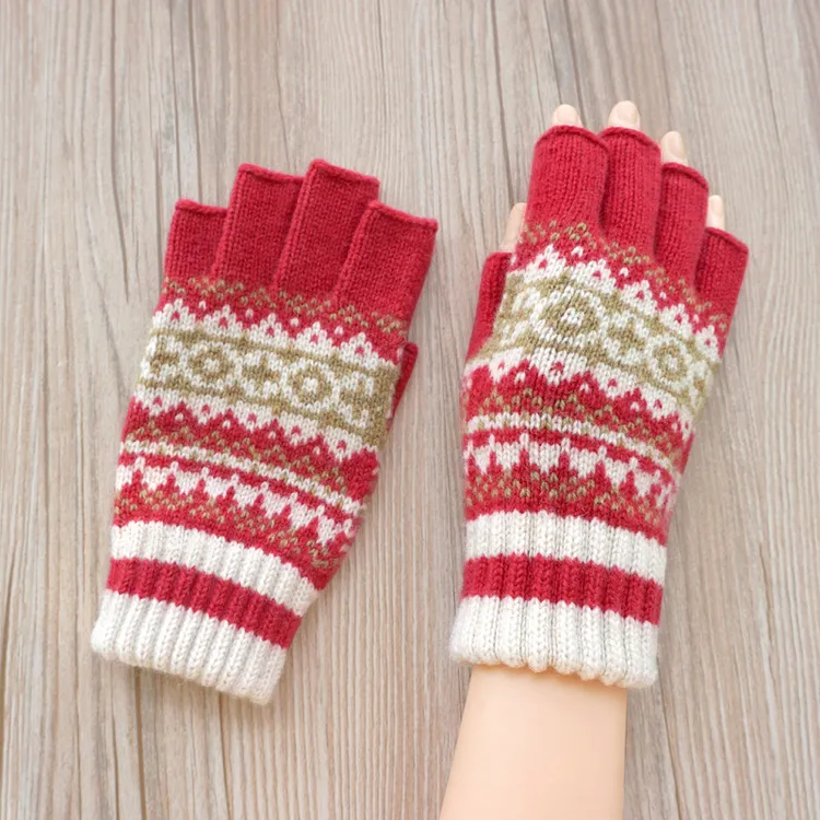 秋冬季女士纯羊毛针织提花保暖半露指触摸屏户外开车防寒学生手套