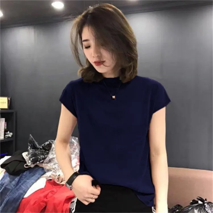 冰丝针织薄款短袖T恤女时尚百搭打底衫修身外穿夏季咖啡色上衣潮