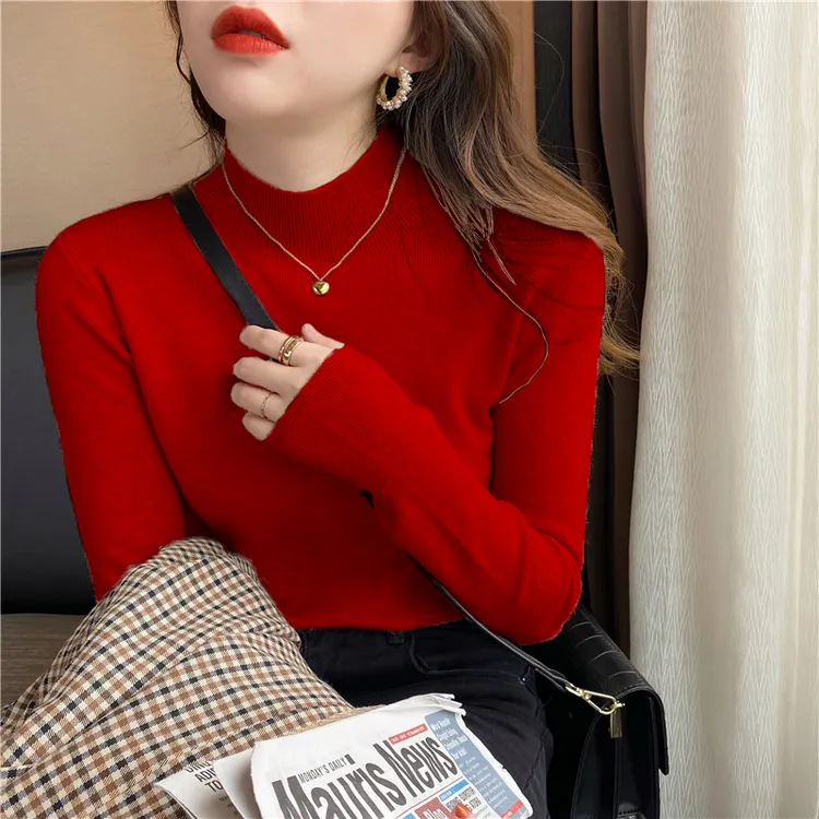 大码针织半高领打底衫女秋冬长袖t恤内搭2025春装毛衣加厚上衣潮