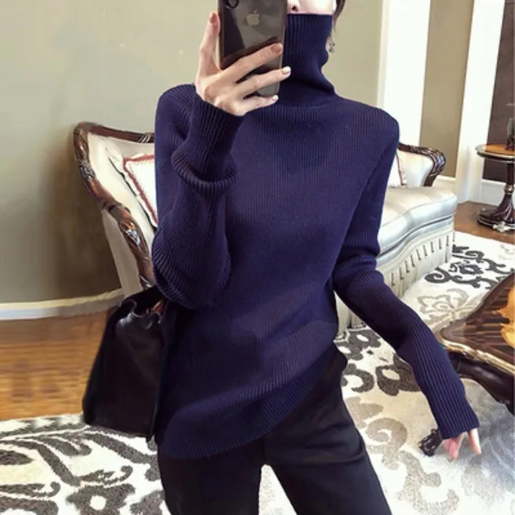 大码高领打底衫女内搭修身绿色毛衣秋冬欧货洋气堆堆领针织衫长袖